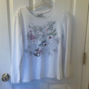 Christopher & Banks White Long Sleeve Tee with Snowman Design